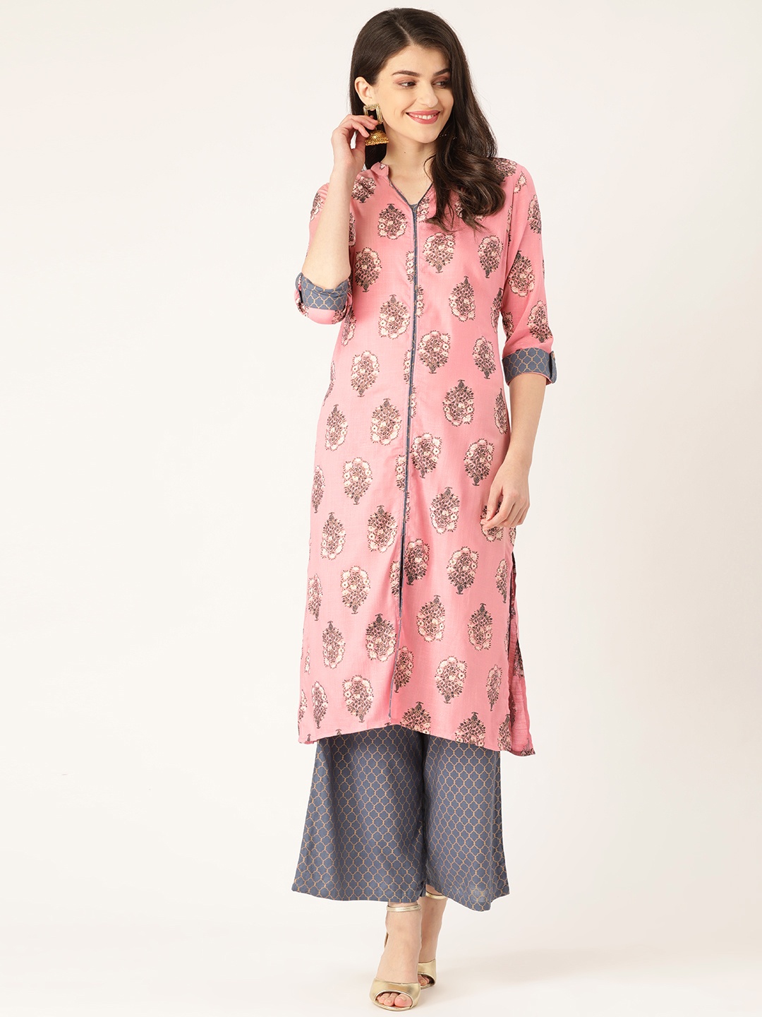 

RANGMAYEE Women Pink & Charcoal Grey Printed Kurta with Palazzos