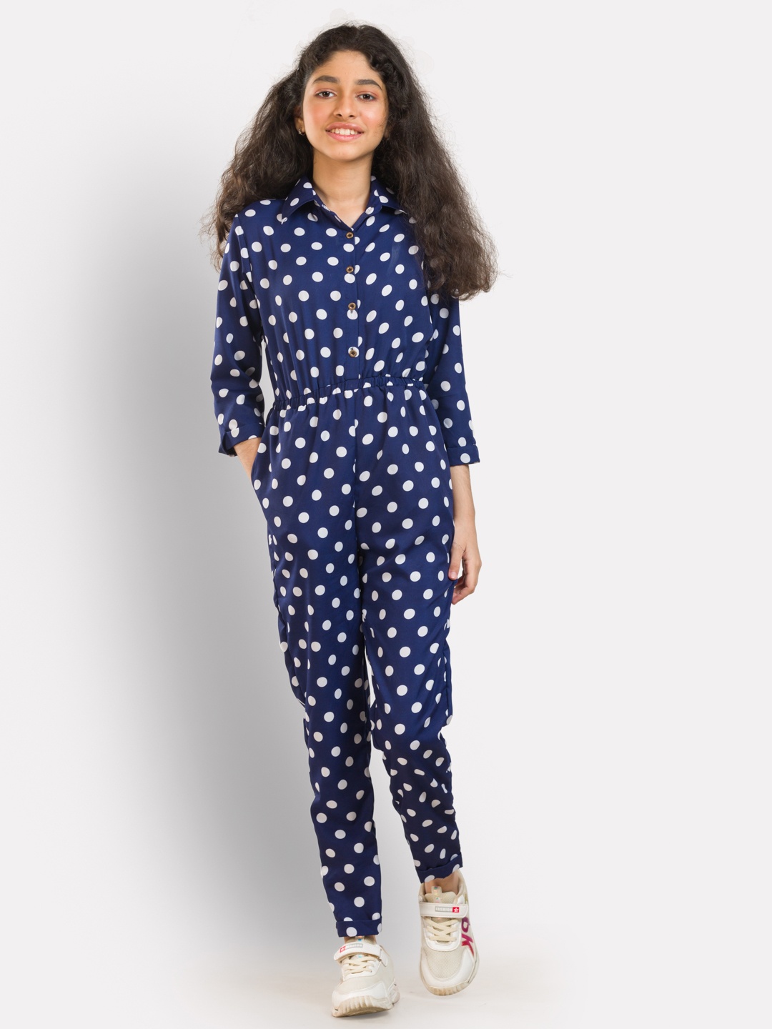 

Uptownie Lite Girls Blue & White Printed Roll Up Jumpsuit