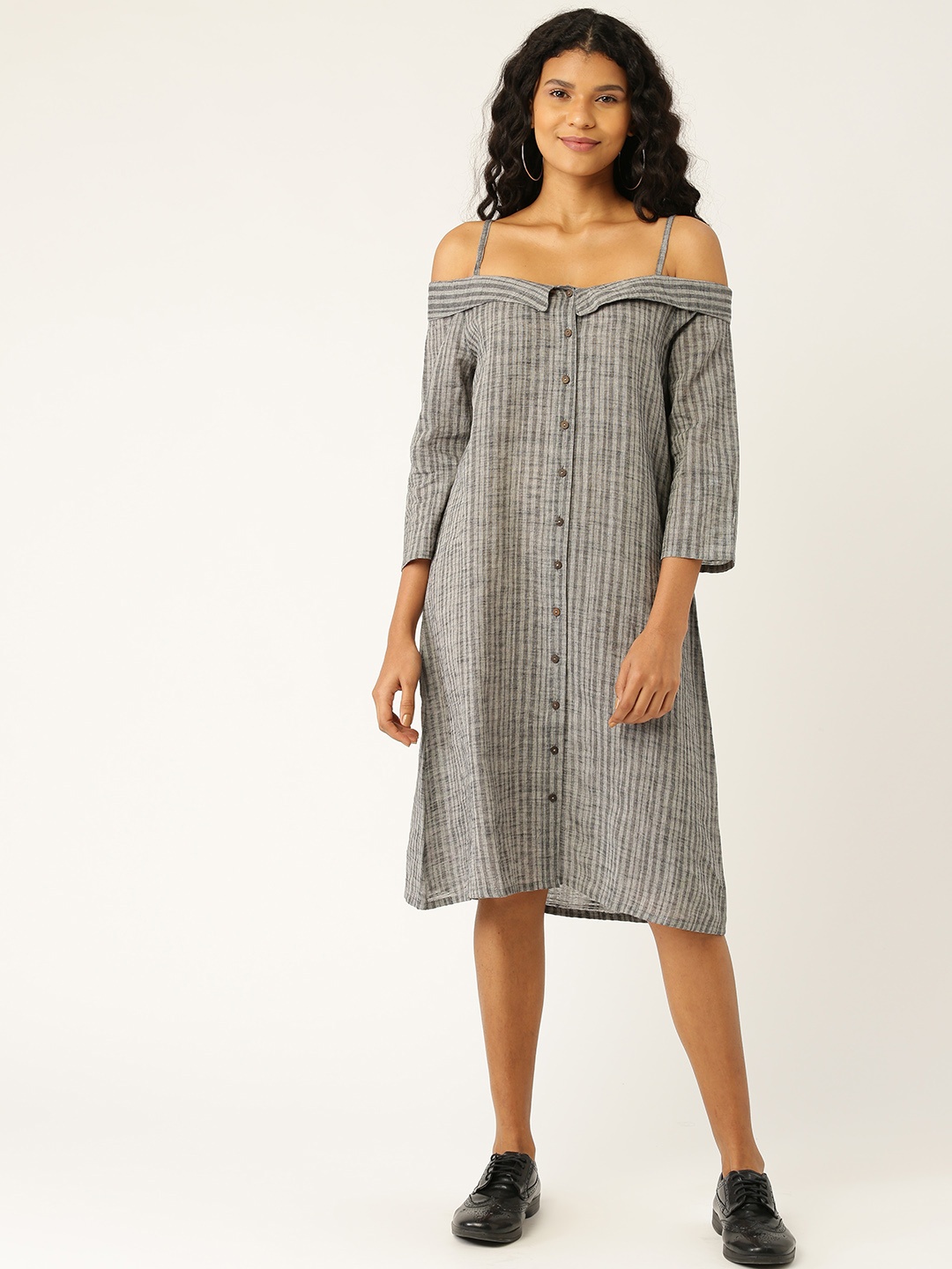 

Taavi Women Grey Woven Legacy Striped A-Line Midi Off-Shoulder Dress with Shoulder Straps