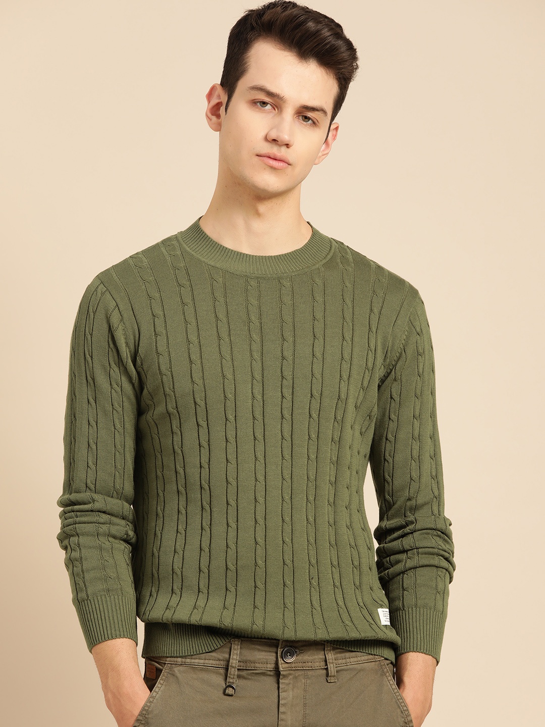 

Mr Bowerbird Men Olive Green Self Design Pure Cotton Pullover Sweater