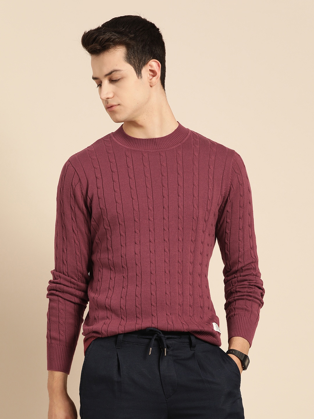 

Mr Bowerbird Men Maroon Tailored Fit Cable Knit Pullover