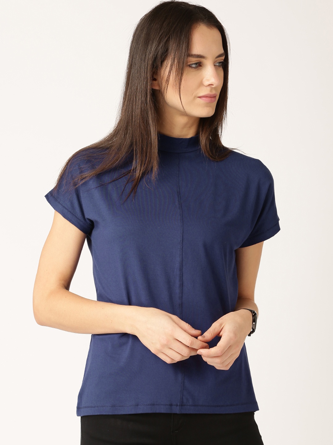 

ether Women Navy Blue Solid High Neck T-shirt