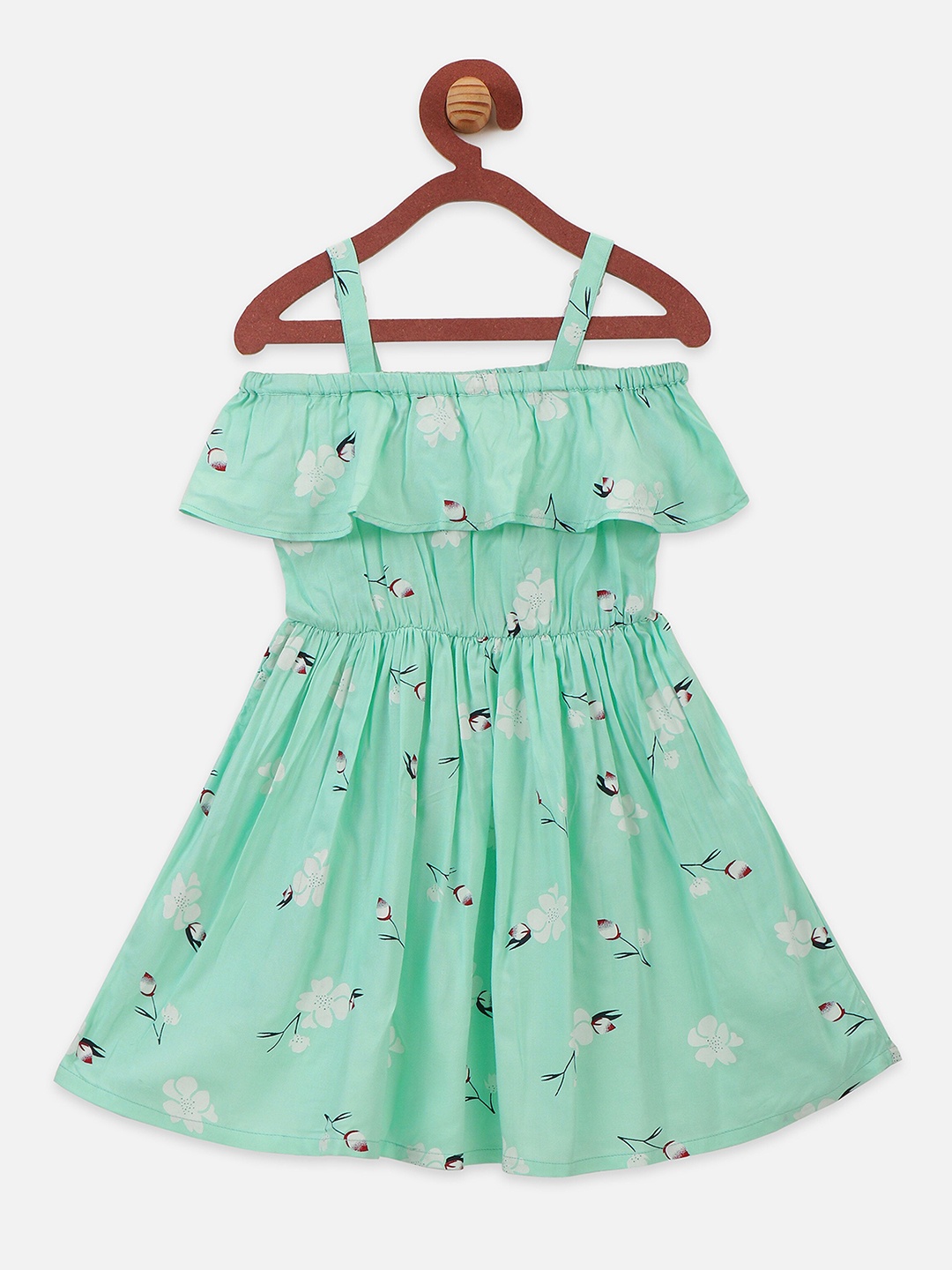 

LilPicks Girls Turquoise Blue & White Floral Printed Fit and Flare Dress