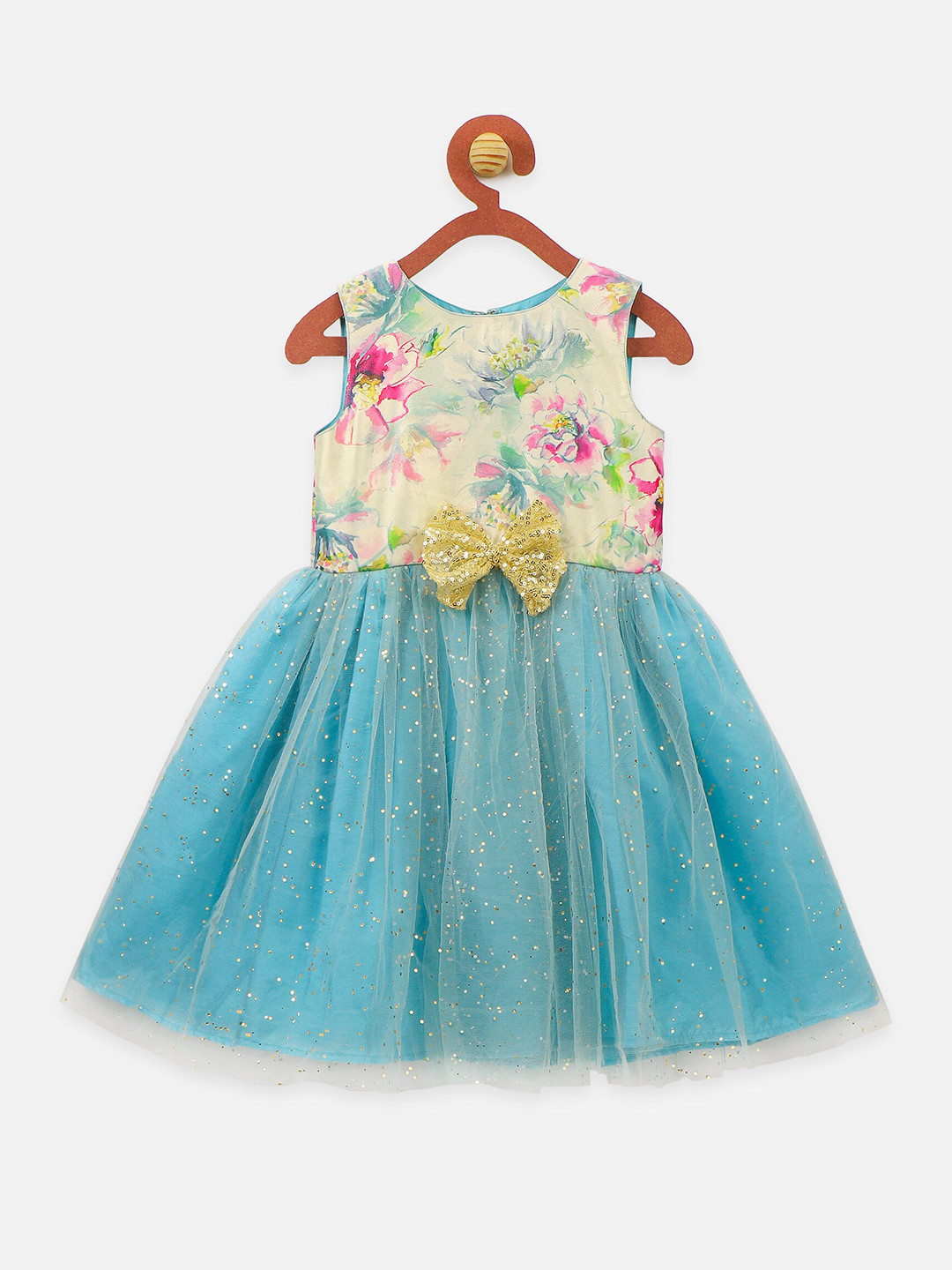 

LilPicks Girls Blue & Cream Floral Print Fit and Flare Dress