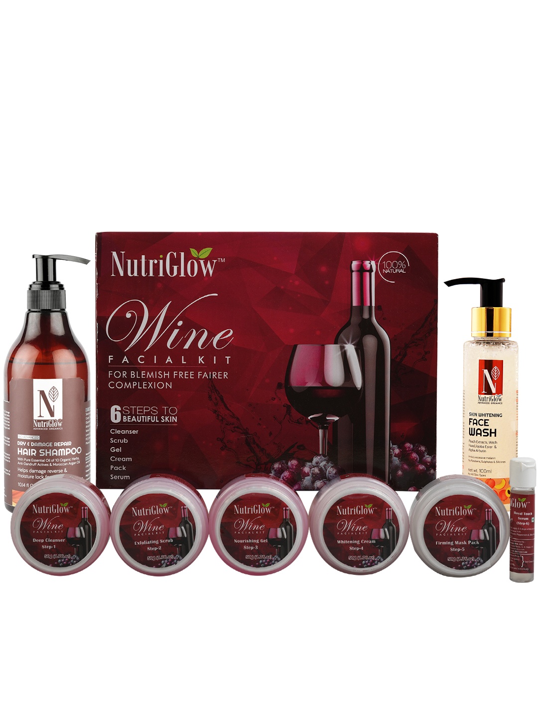 

NutriGlow Wine Facial Kit 250g+10ml + Skin Whitening Face Wash 100ml + Hair Shampoo 300ml, Multi