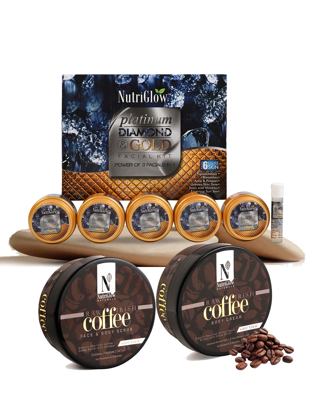 

NutriGlow Set of 3 Platinum Facial Kit 250g+10ml - Coffee Body Cream 200g - Scrub 200g, Multi