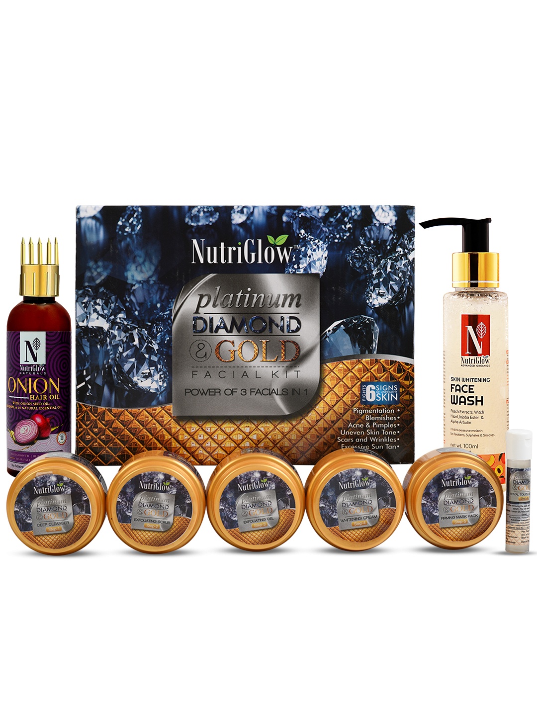 

NutriGlow Platinum Diamond & Gold Facial Kit 250g+10ml, Face Wash 100ml & Hair Oil 100ml, Multi