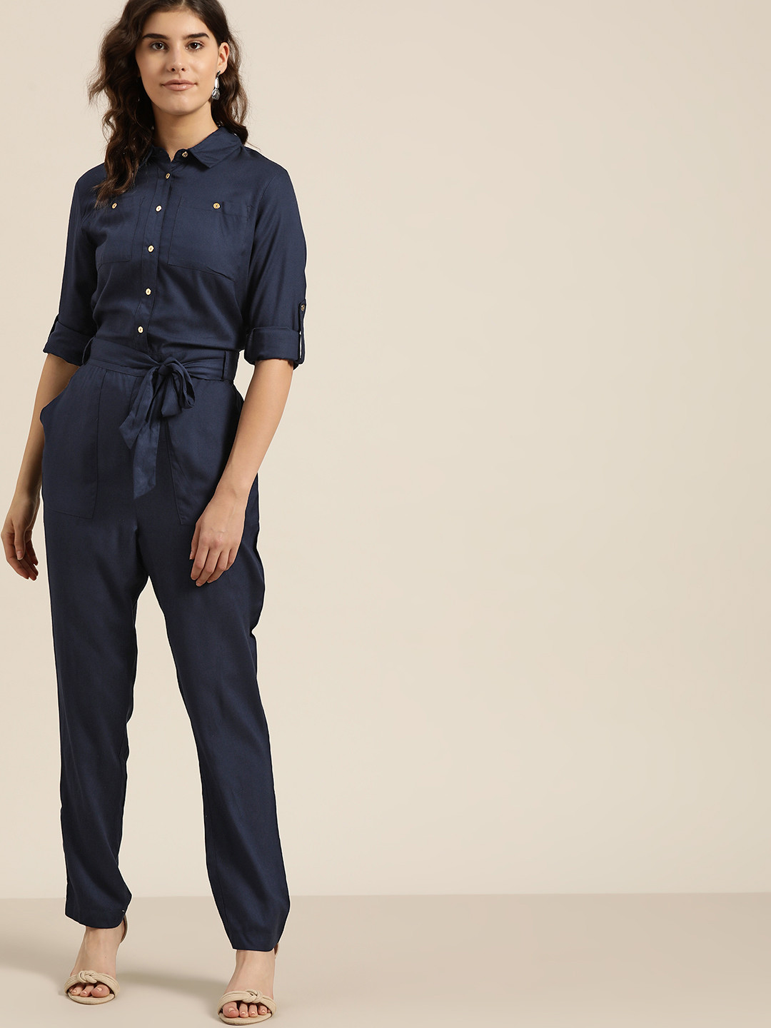 

her by invictus Women Navy Blue Solid Basic Sustainable ECOVERO Jumpsuit with Belt