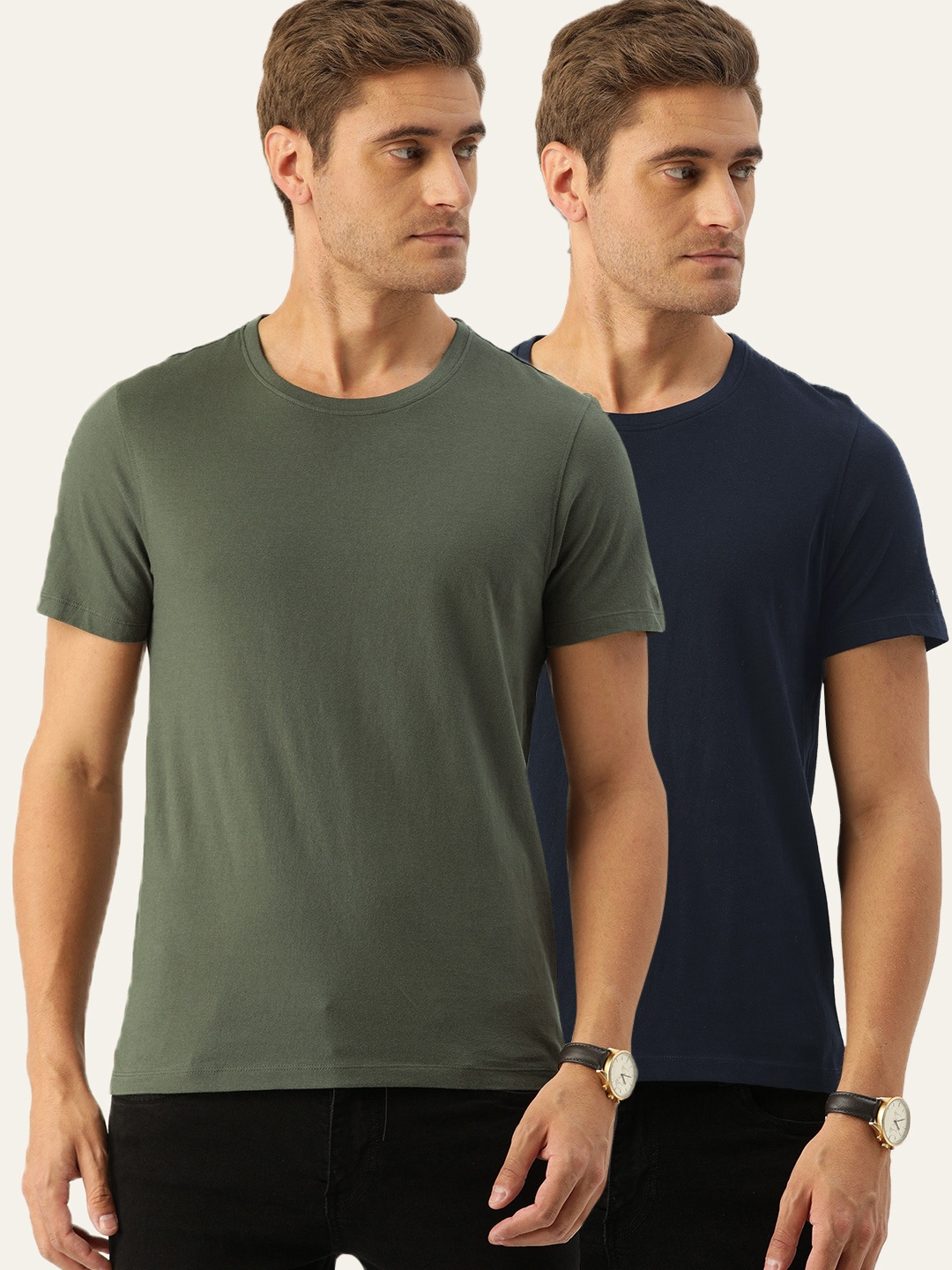 

INVICTUS Men Pack Of 2 Olive Green And Navy Blue Solid Round Neck T-shirts