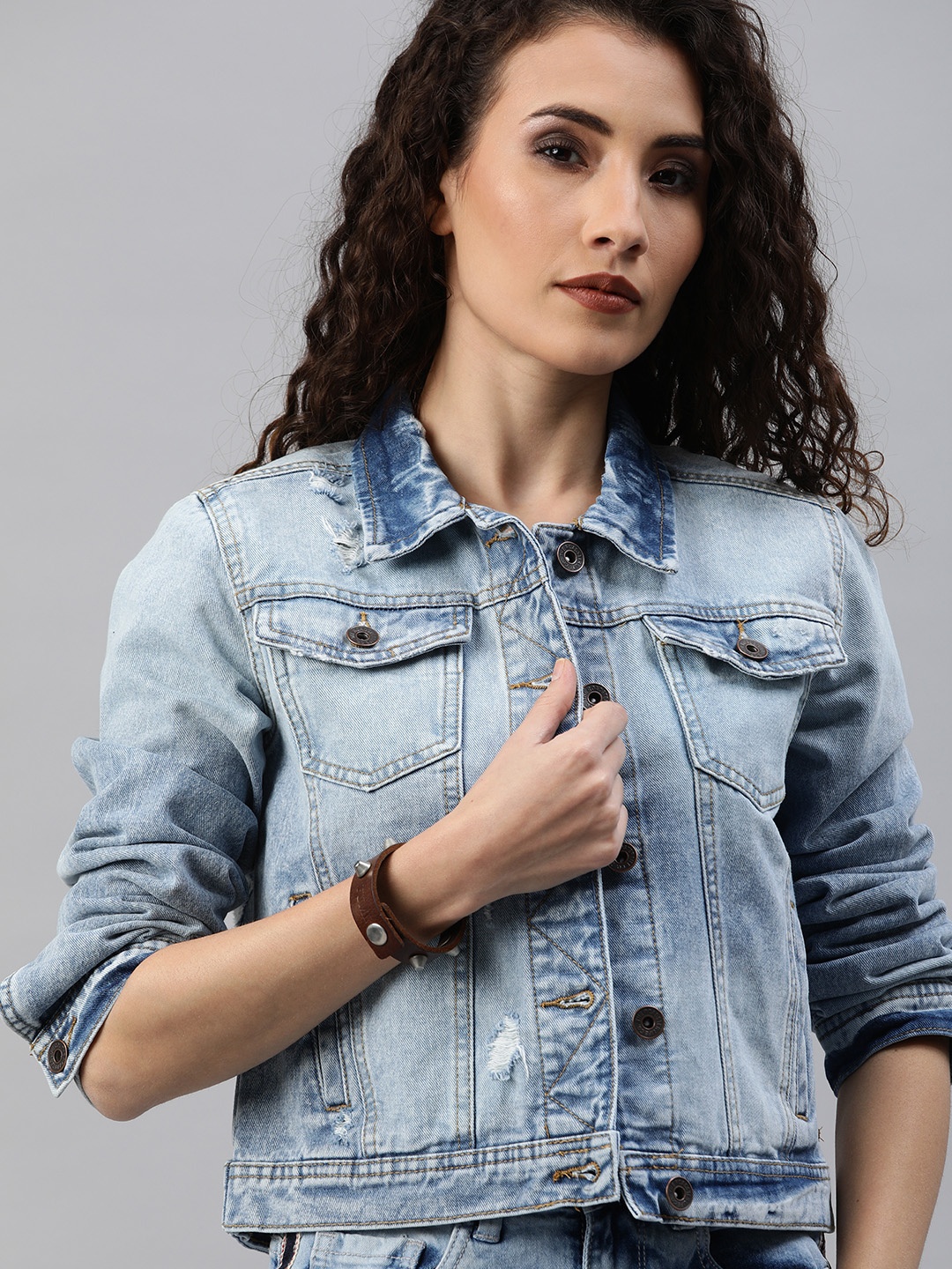 

Roadster Women Blue Washed Distressed Denim Jacket