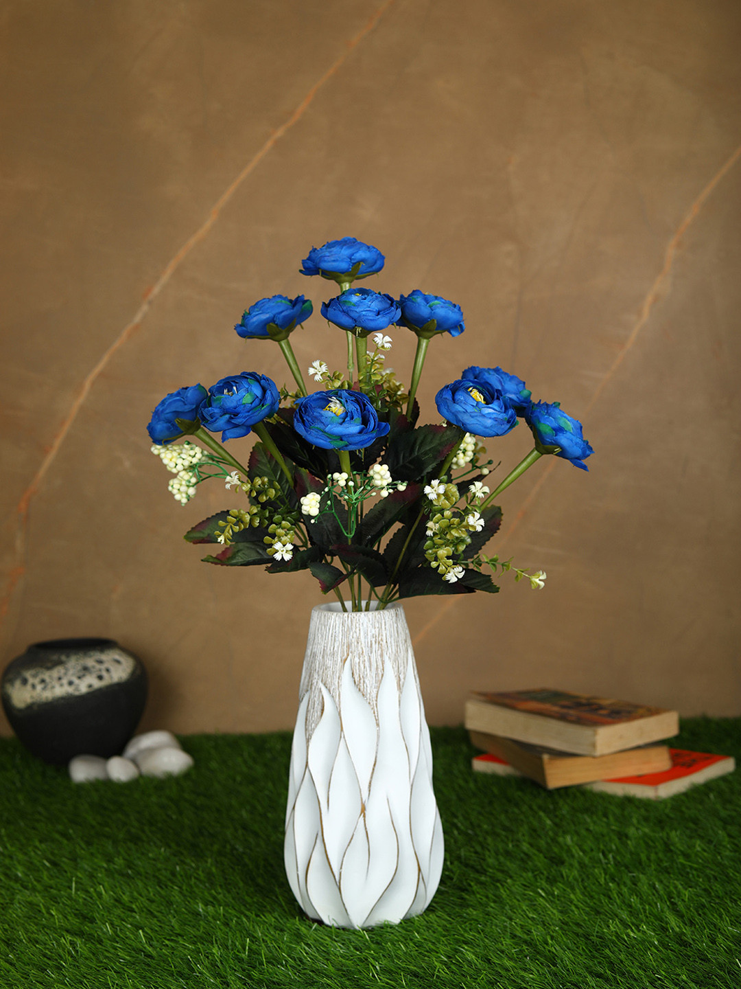 PolliNation Blue & Green Decorative Artificial Camellia Rose Flower Bunch
