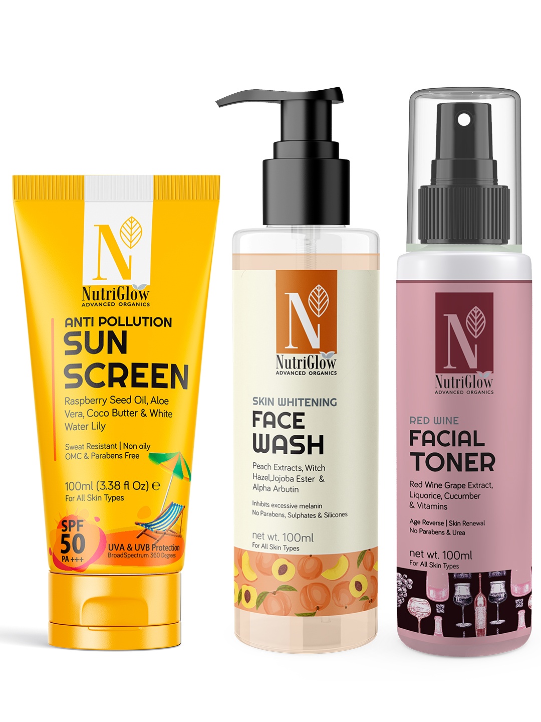 

NutriGlow Advanced Organics Skin Whitening Face Wash,Red Wine Toner & Sunscreen-100ml Each, Multi