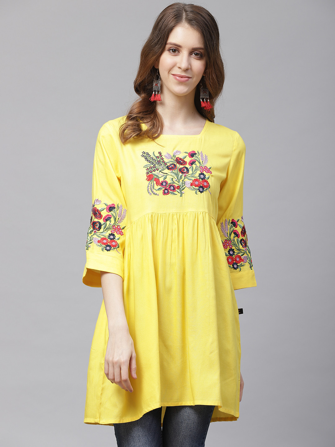 

clorals Women Yellow Embroidered Tunic