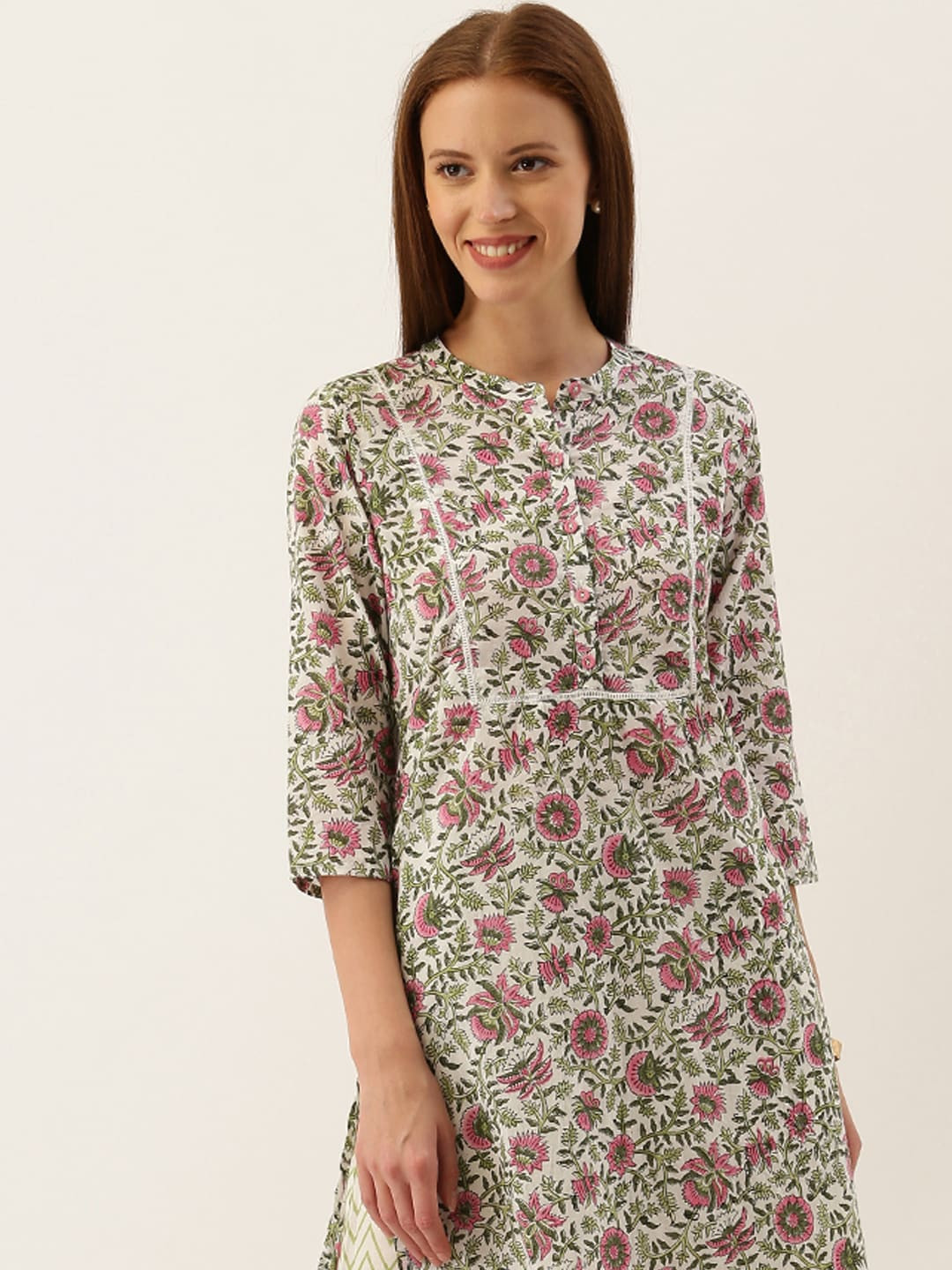 

Taavi Women White & Green Sanganeri Block Print Straight Sustainable Kurta with Palazzos