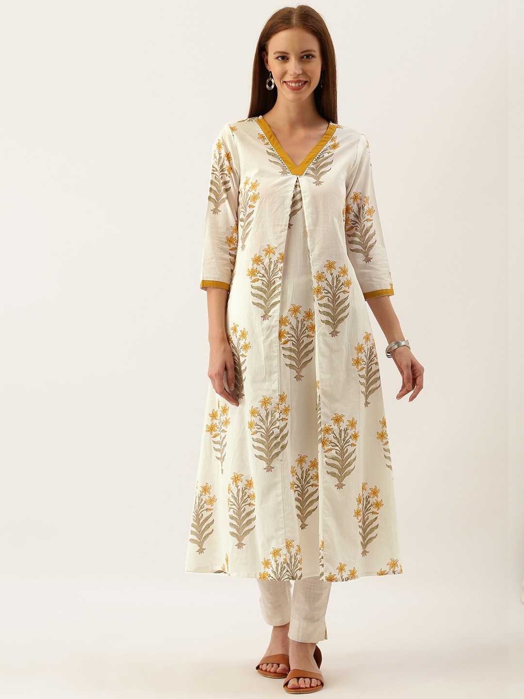 

Taavi Women White & Yellow Sanganeri Block Print Pleated A-Line Sustainable Kurta with Pocket