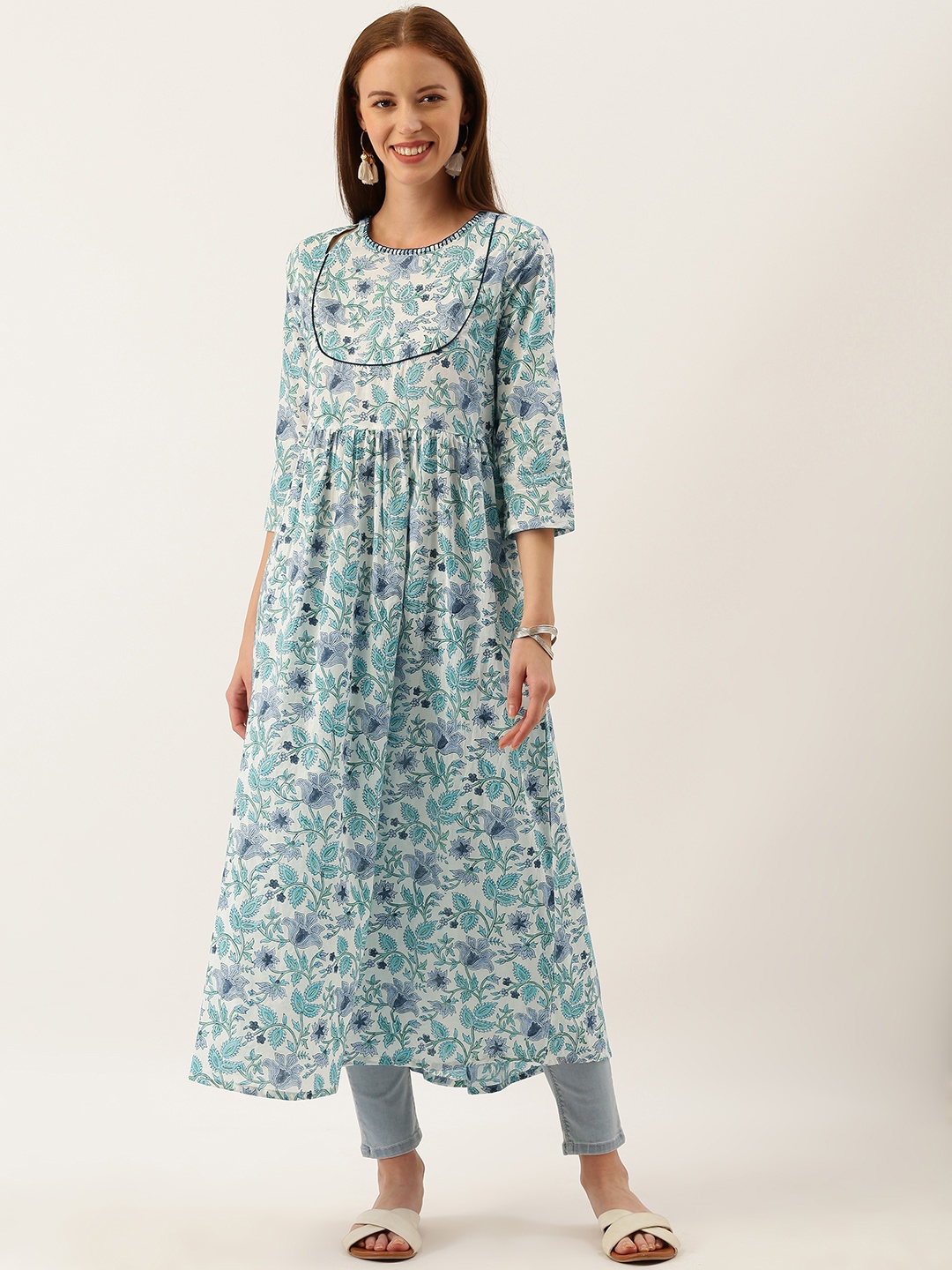 

Taavi Women White & Blue Sanganeri Block Print Gathered A-Line Sustainable Kurta with Cut Out Detail