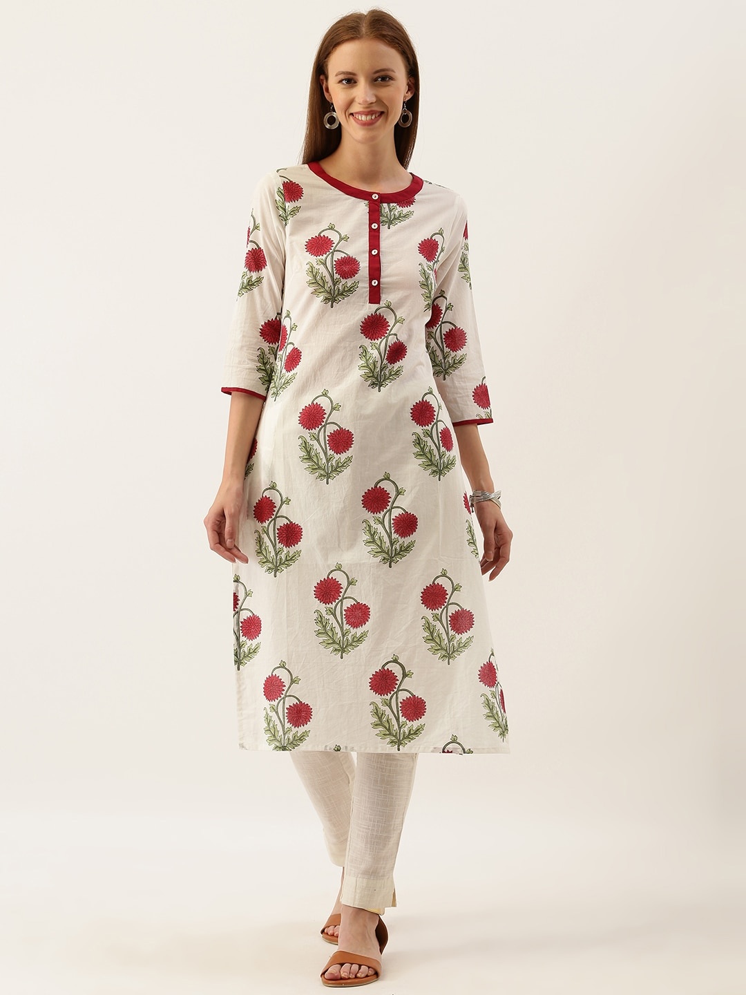 

Taavi Women White & Red Sanganeri Block Print Straight Sustainable Kurta with Pocket
