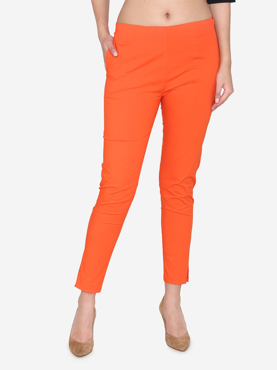 

Vami Women Orange Classic Regular Fit Solid Cigarette Trousers