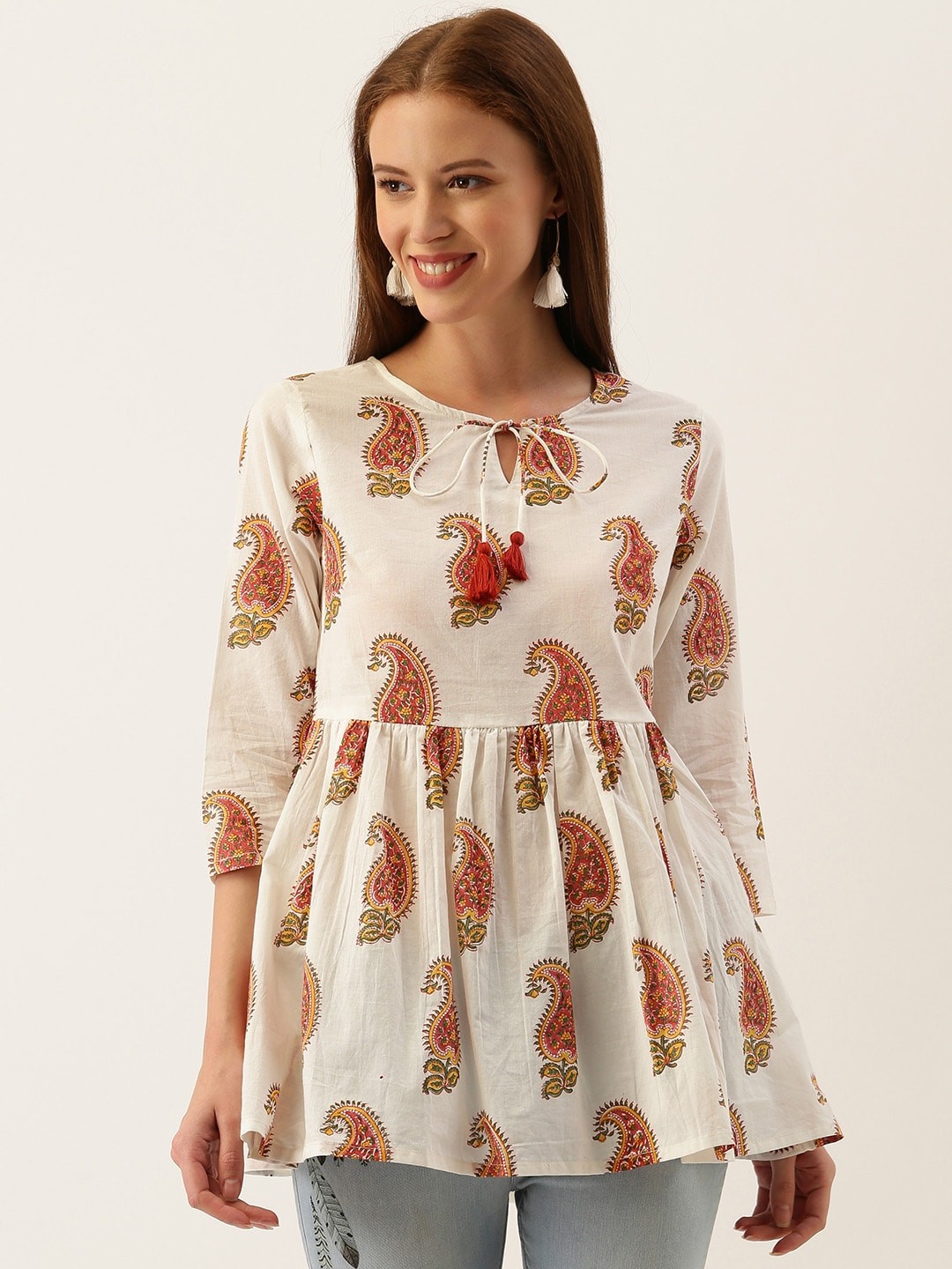 

Taavi Women White & Red Sanganeri Block Print Gathered A-Line Sustainable Pure Cotton Top With Tie-Up Neck