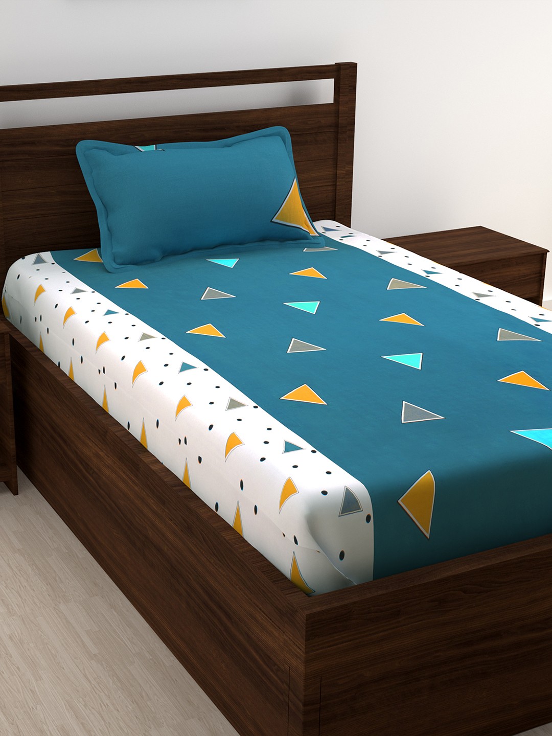 

Story@home Teal Blue & White Geometric 186TC Cotton 1 Single Bedsheet with 1 Pillow Covers
