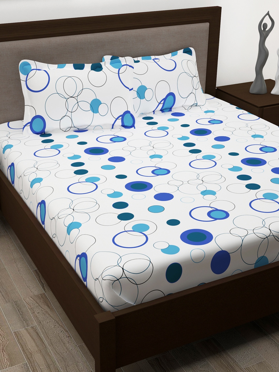 

Story@home White & Blue Geometric 186 TC Cotton 1 Queen Bedsheet with 2 Pillow Covers