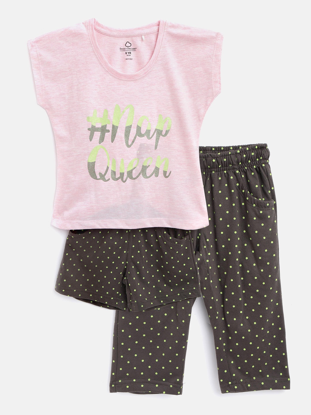 

Sweet Dreams Girls 3 Pc Pink Melange & Olive Brown Polka Dots Print Night Suit Set