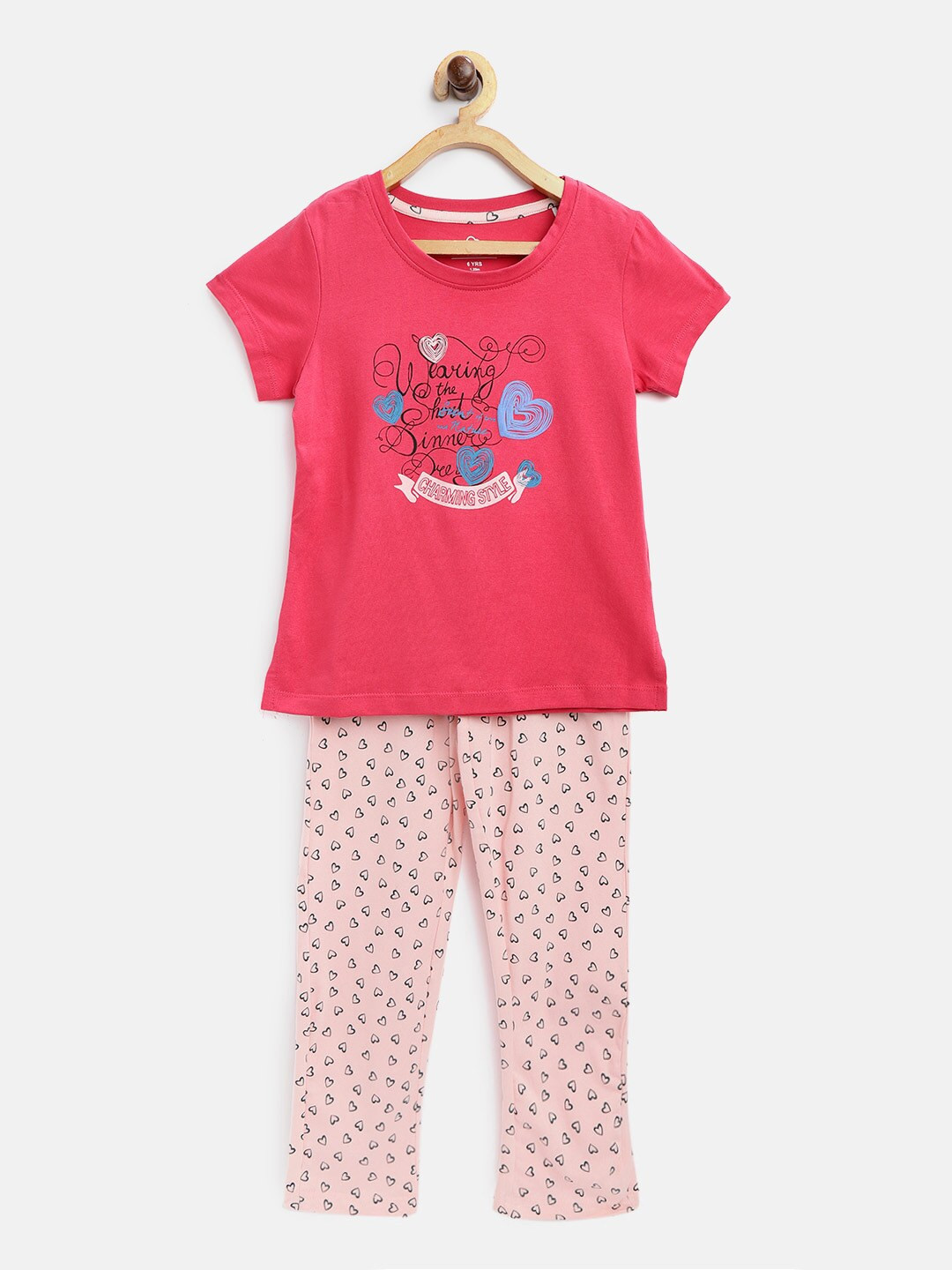 

Sweet Dreams Girls Pink & Black Heart Print Night Suit