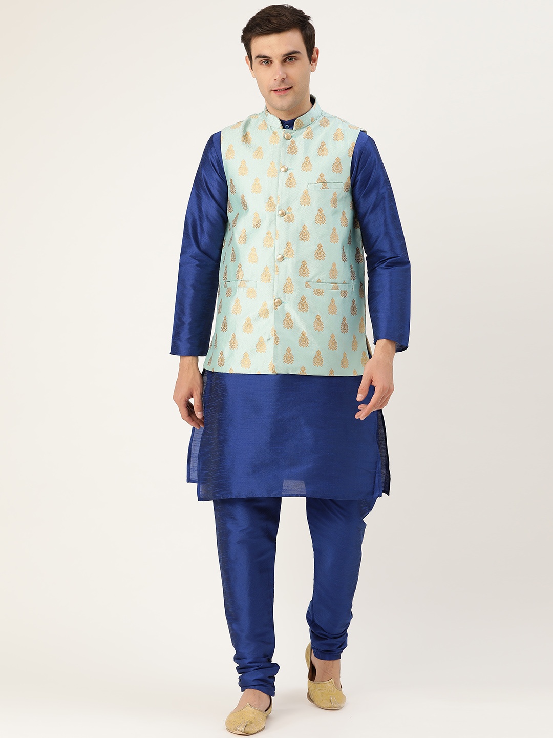

SOJANYA Men Blue Solid Kurta with Churidar & Nehru Jacket