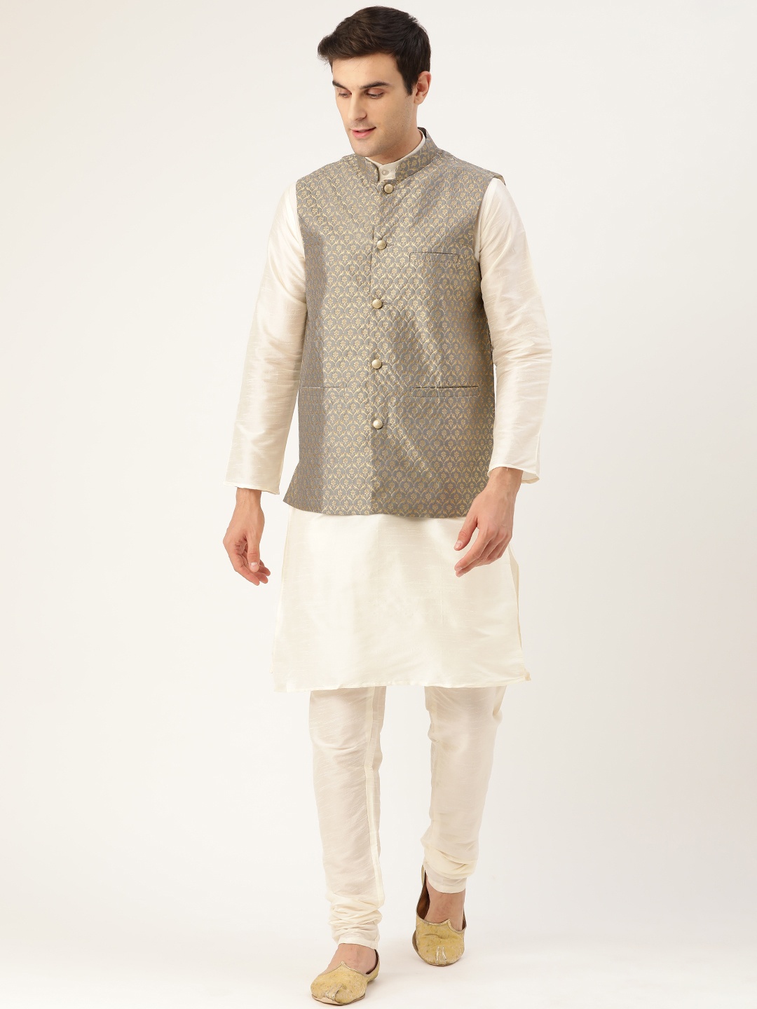 

SOJANYA Men Off-White & Grey Solid Kurta with Churidar & Nehru Jacket