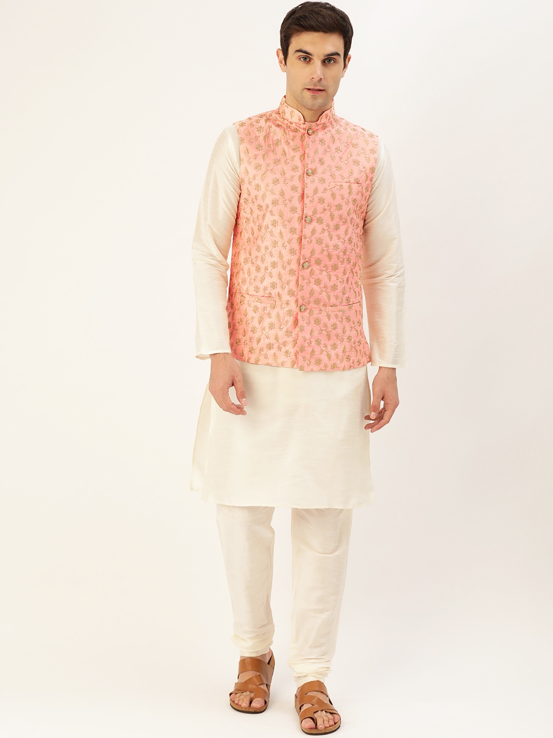 

SOJANYA Men Off-White & Peach-Coloured Solid Kurta with Churidar & Nehru Jacket