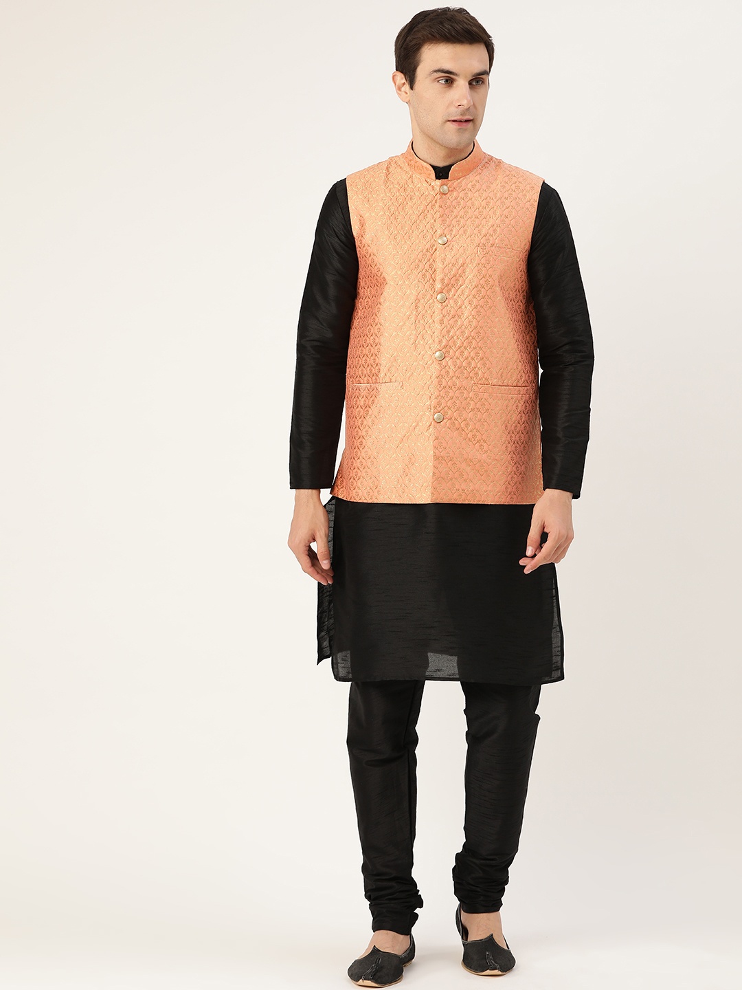 

SOJANYA Men Black & Peach-Coloured Solid Kurta with Churidar & Nehru Jacket