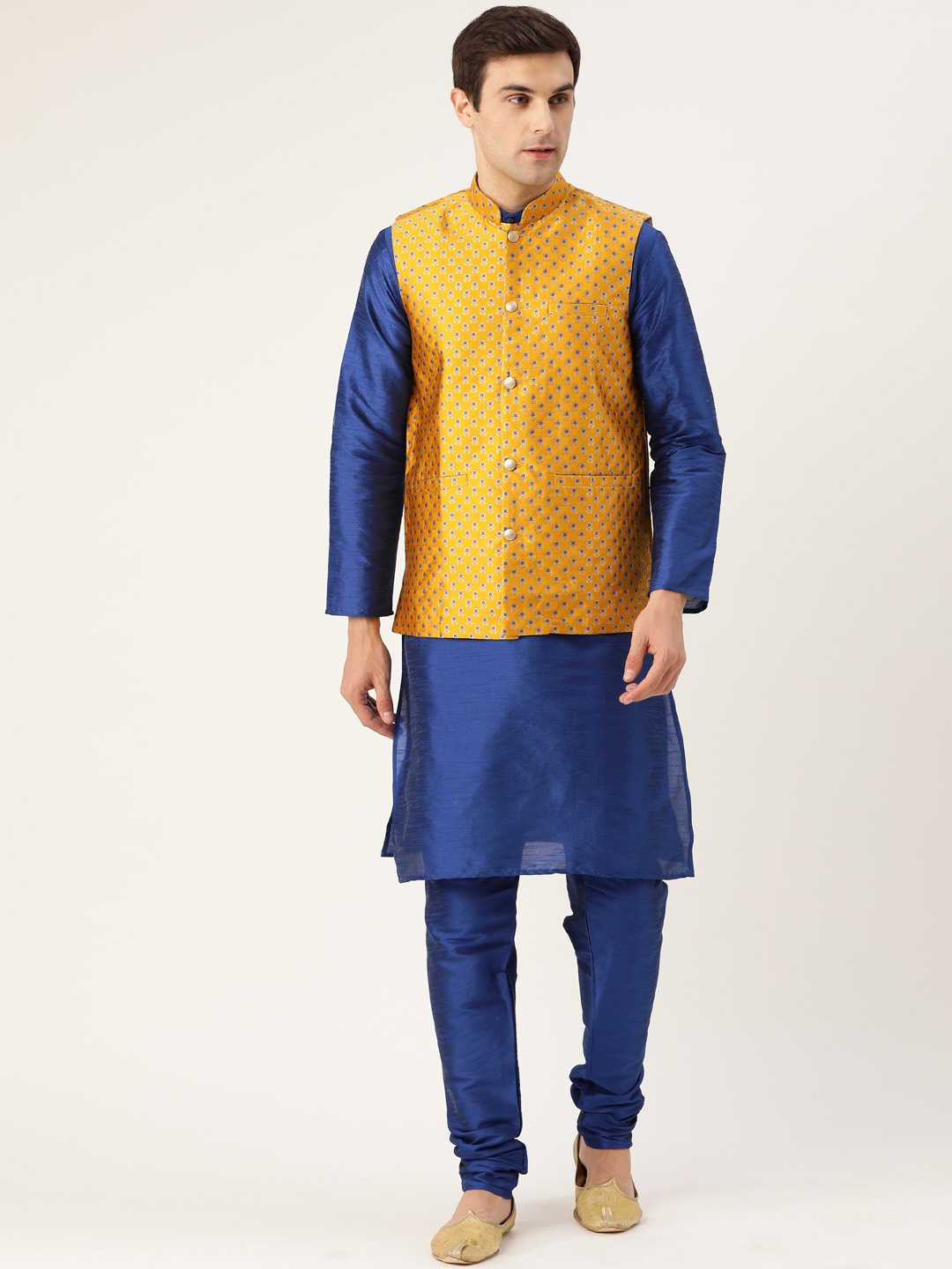 

SOJANYA Men Blue & Mustard Yellow Solid Kurta with Churidar & Nehru Jacket