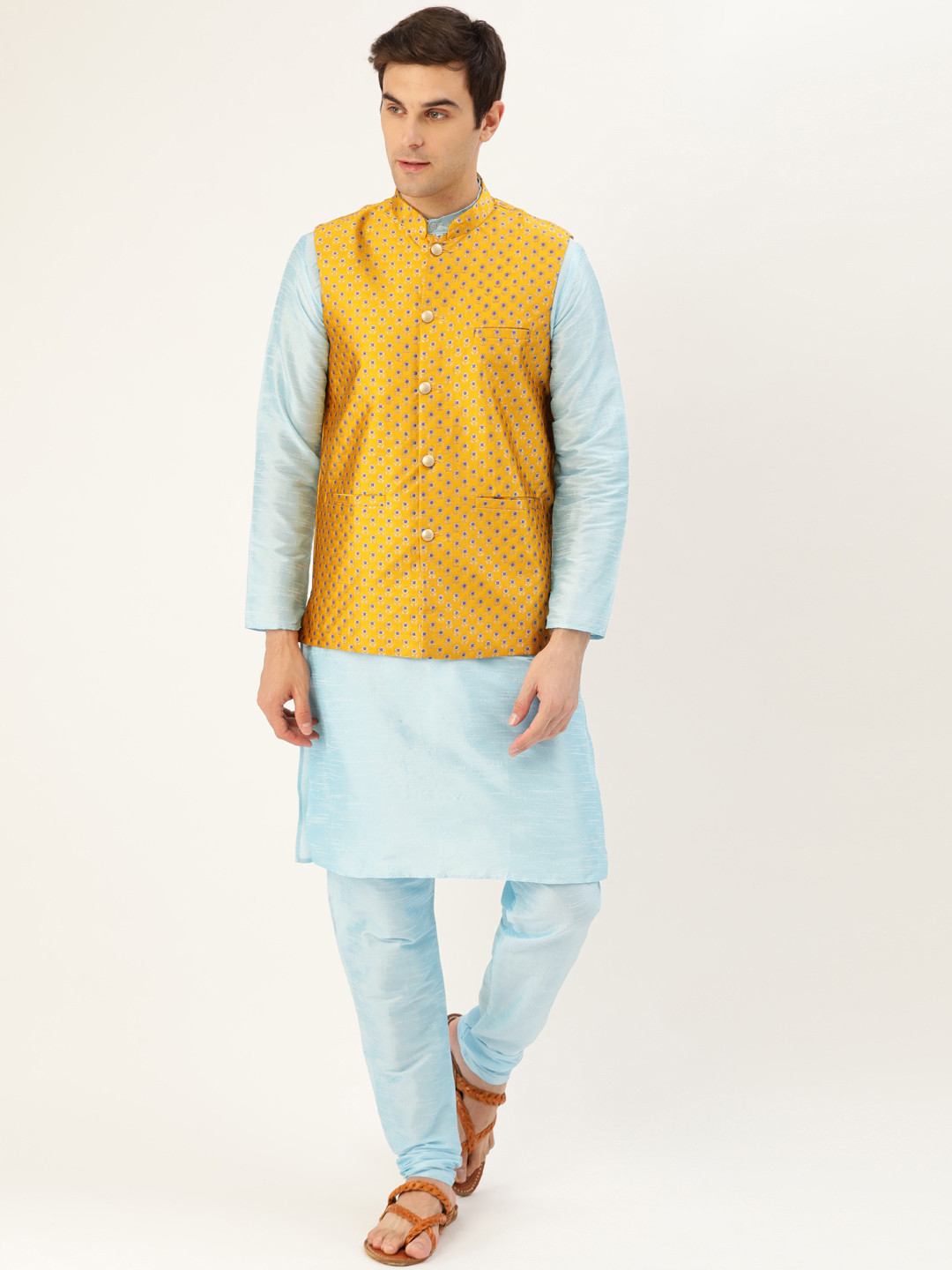 

SOJANYA Men Blue & Mustard Yellow Solid Kurta with Churidar & Nehru Jacket