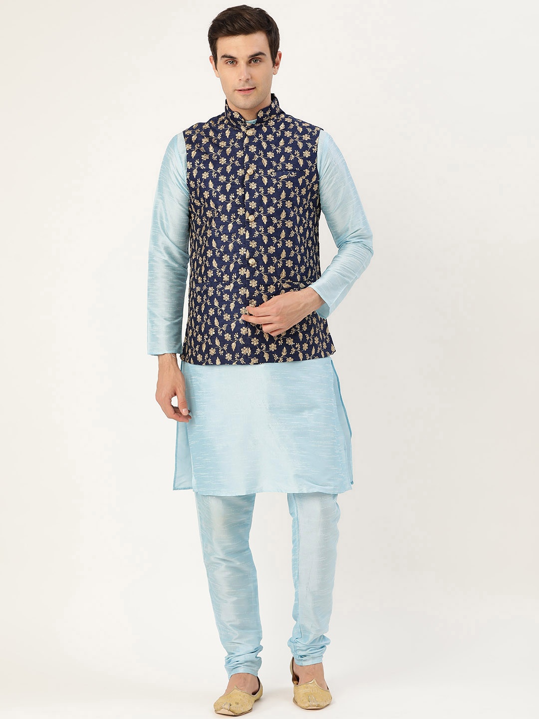 

SOJANYA Men Blue & Golden Solid Kurta with Churidar & Nehru Jacket