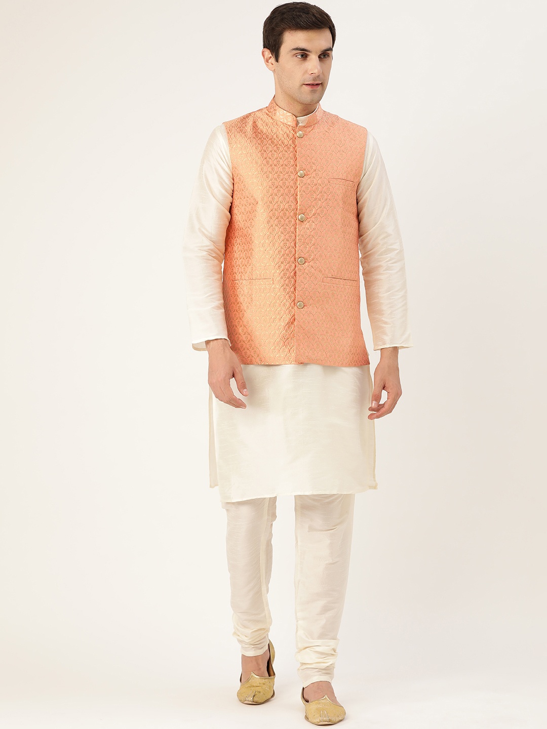 

SOJANYA Men Off-White & Peach-Coloured Solid Kurta with Churidar & Nehru Jacket