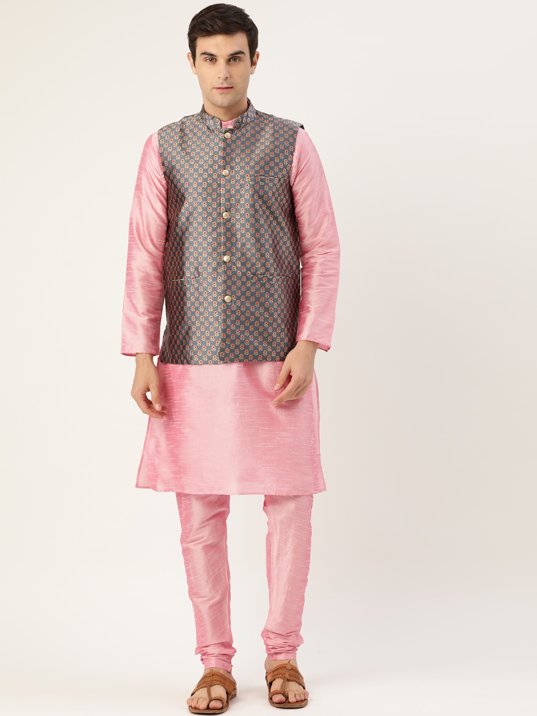 

SOJANYA Men Pink & Charcoal Grey Solid Kurta with Churidar & Nehru Jacket