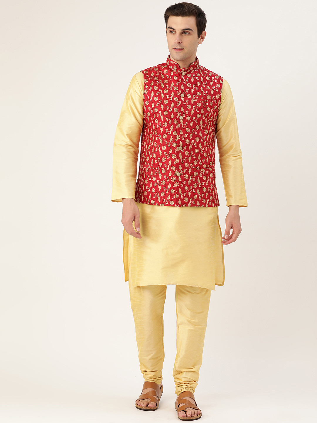 

SOJANYA Men Yellow & Red Self-Design Kurta with Churidar with Nehru Jacket