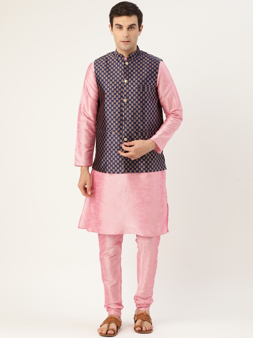 

SOJANYA Men Pink & Navy Blue Solid Kurta & Churidar with Woven Design Nehru Jacket
