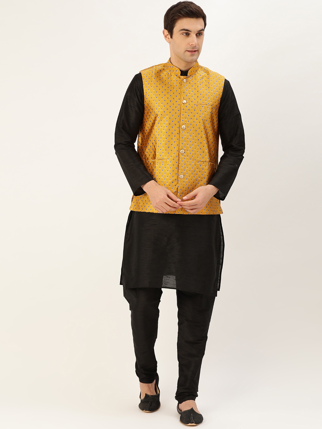 

SOJANYA Men Black & Mustard Yellow Solid Kurta with Churidar & Nehru Jacket