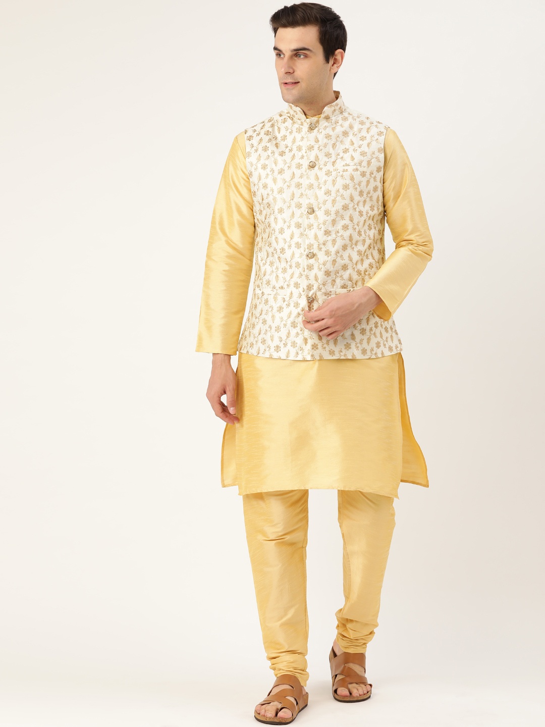 

SOJANYA Men Yellow & Off-White Self-Design Kurta with Churidar with Nehru Jacket