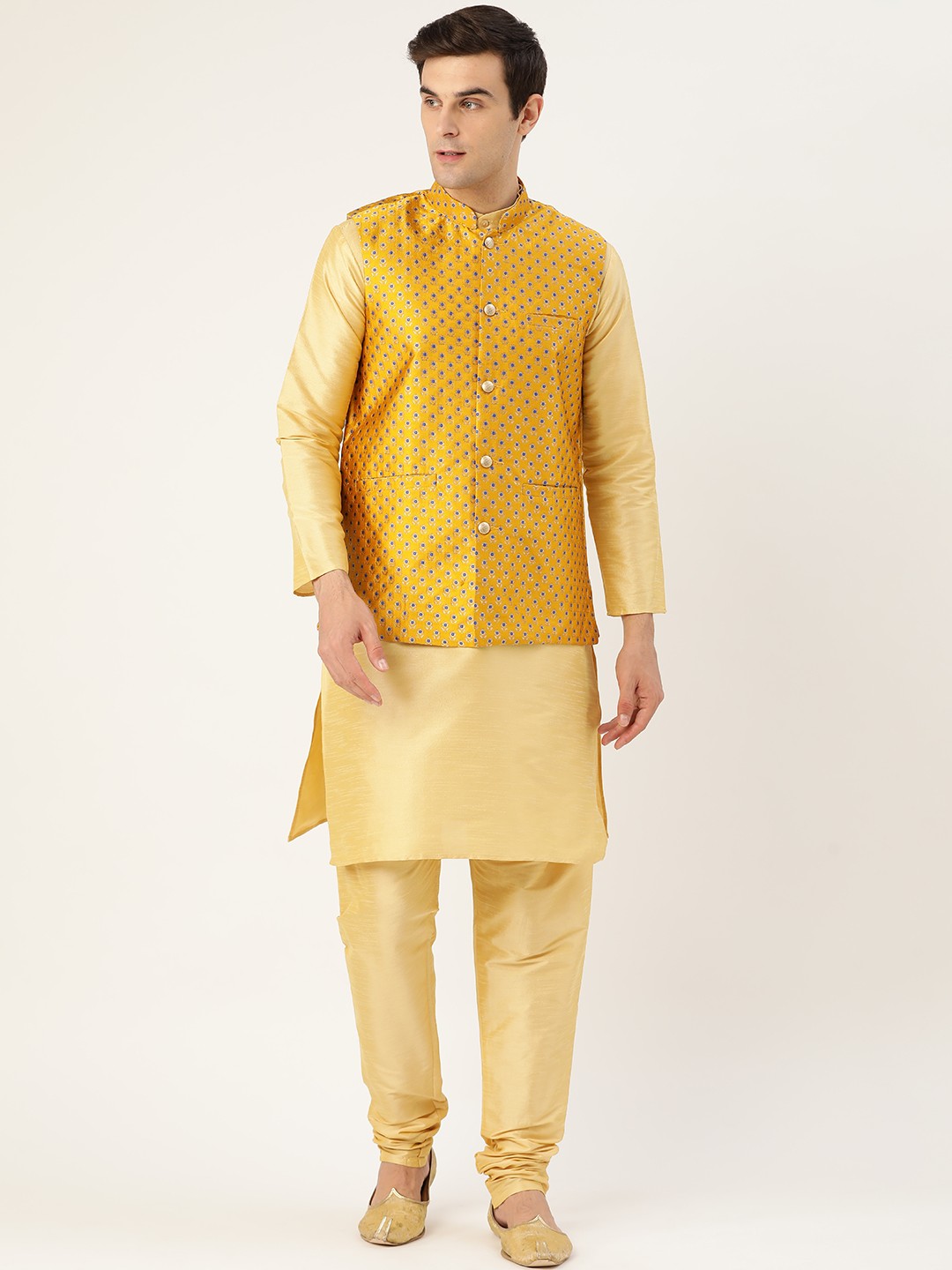 

SOJANYA Men Golden & Mustard Yellow Solid Kurta & Churidar with Woven Design Nehru Jacket, Gold