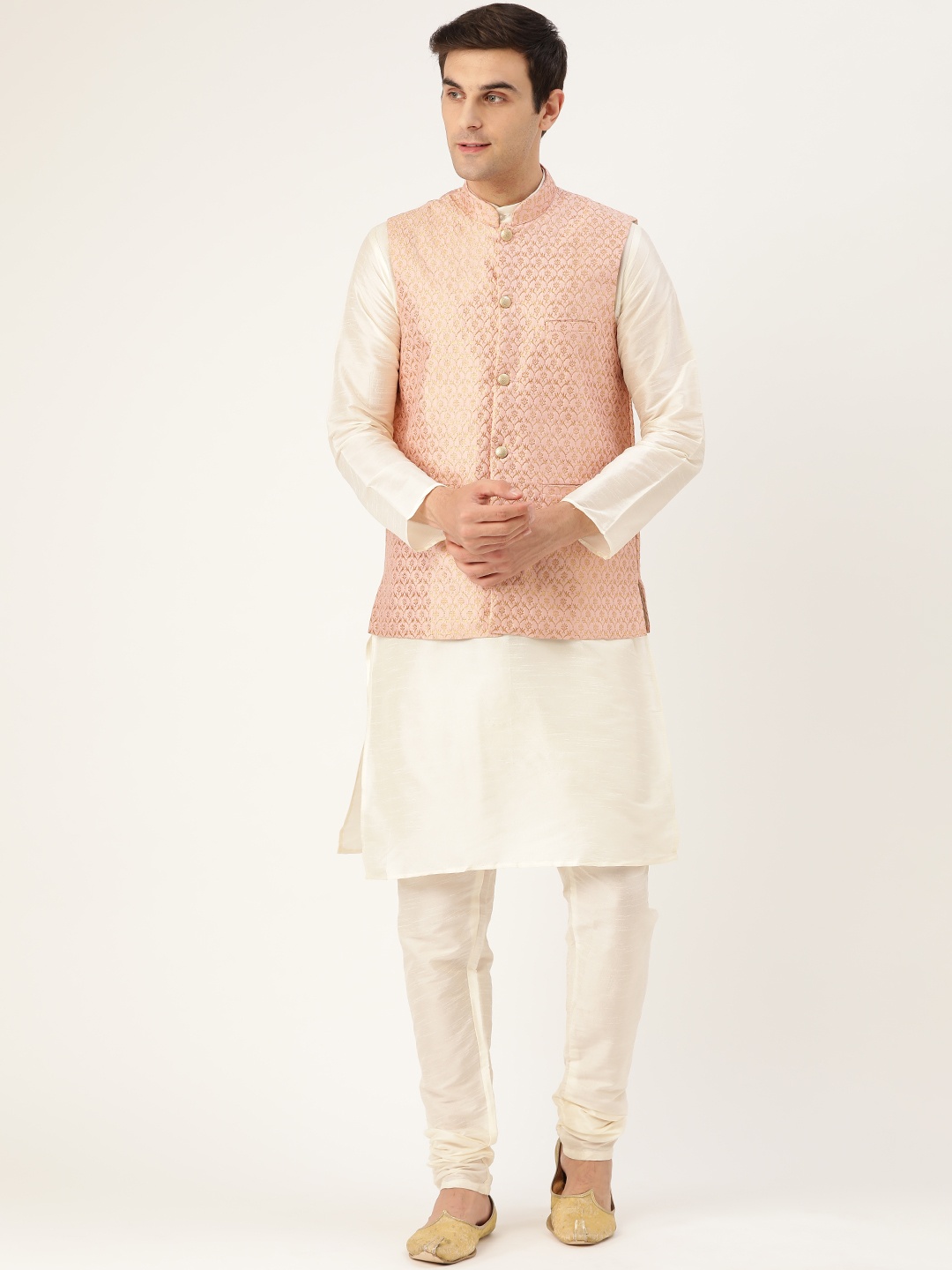 

SOJANYA Men Off-White & Pink Solid Kurta with Churidar & Nehru Jacket
