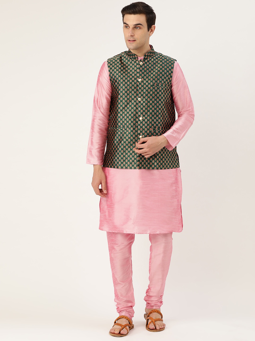 

SOJANYA Men Pink & Green Solid Kurta with Churidar & Nehru Jacket