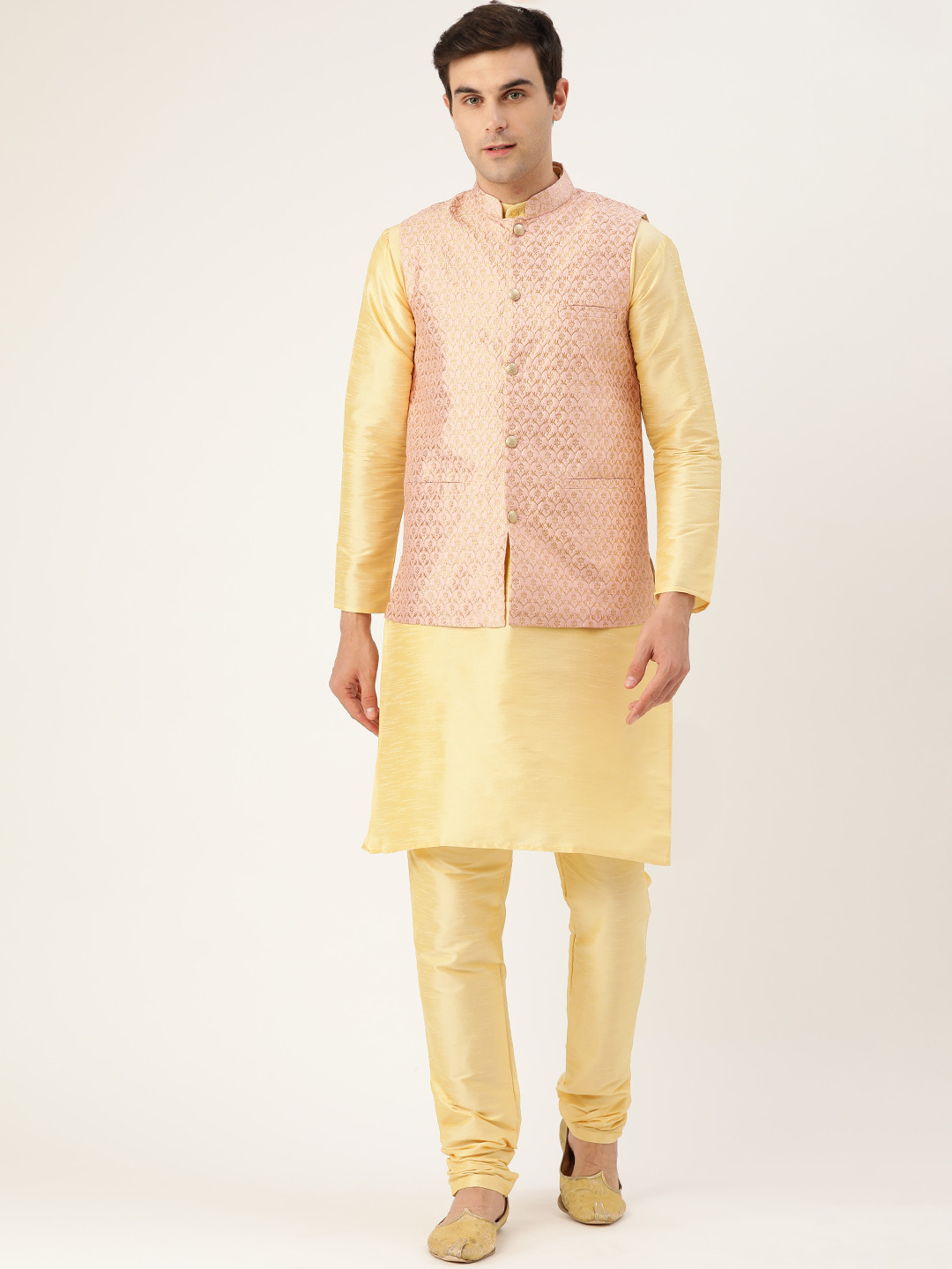 

SOJANYA Men Golden & Pink Solid Kurta with Churidar & Nehru Jacket, Gold