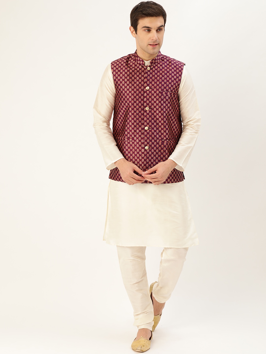 

SOJANYA Men Off-White & Purple Solid Kurta with Churidar & Nehru Jacket