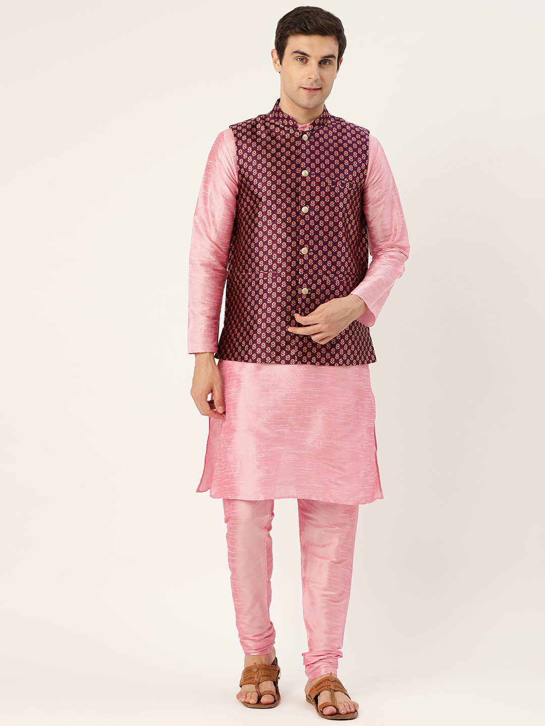 

SOJANYA Men Pink & Purple Solid Kurta with Churidar & Nehru Jacket