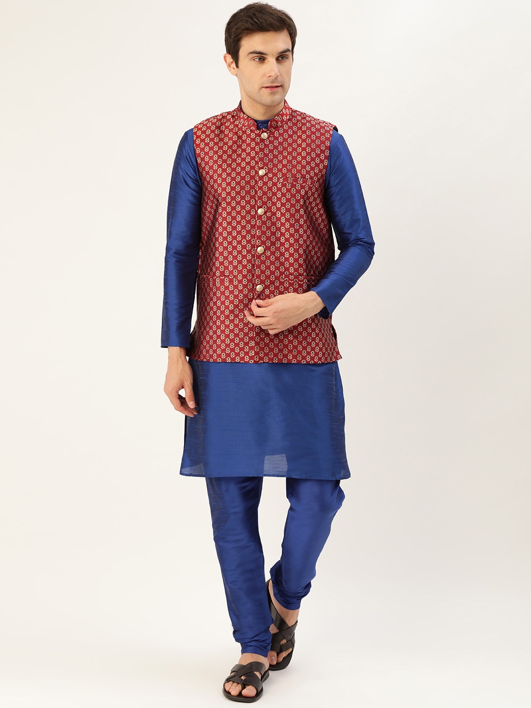 

SOJANYA Men Blue & Maroon Solid Kurta with Churidar & Nehru Jacket