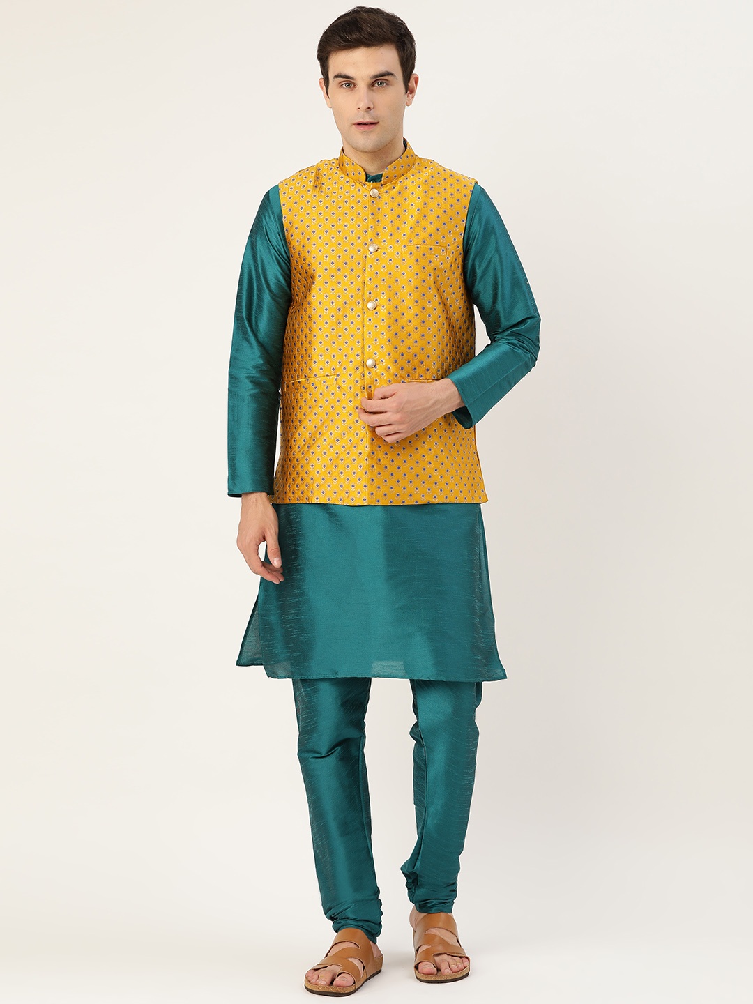 

SOJANYA Men Teal Green & Mustard Yellow Solid Kurta with Churidar & Nehru Jacket