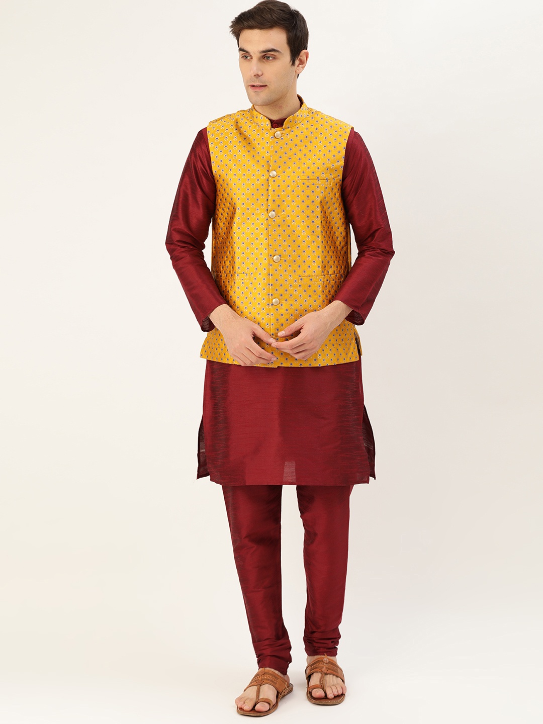 

SOJANYA Men Maroon & Mustard Yellow Solid Kurta with Churidar & Nehru Jacket