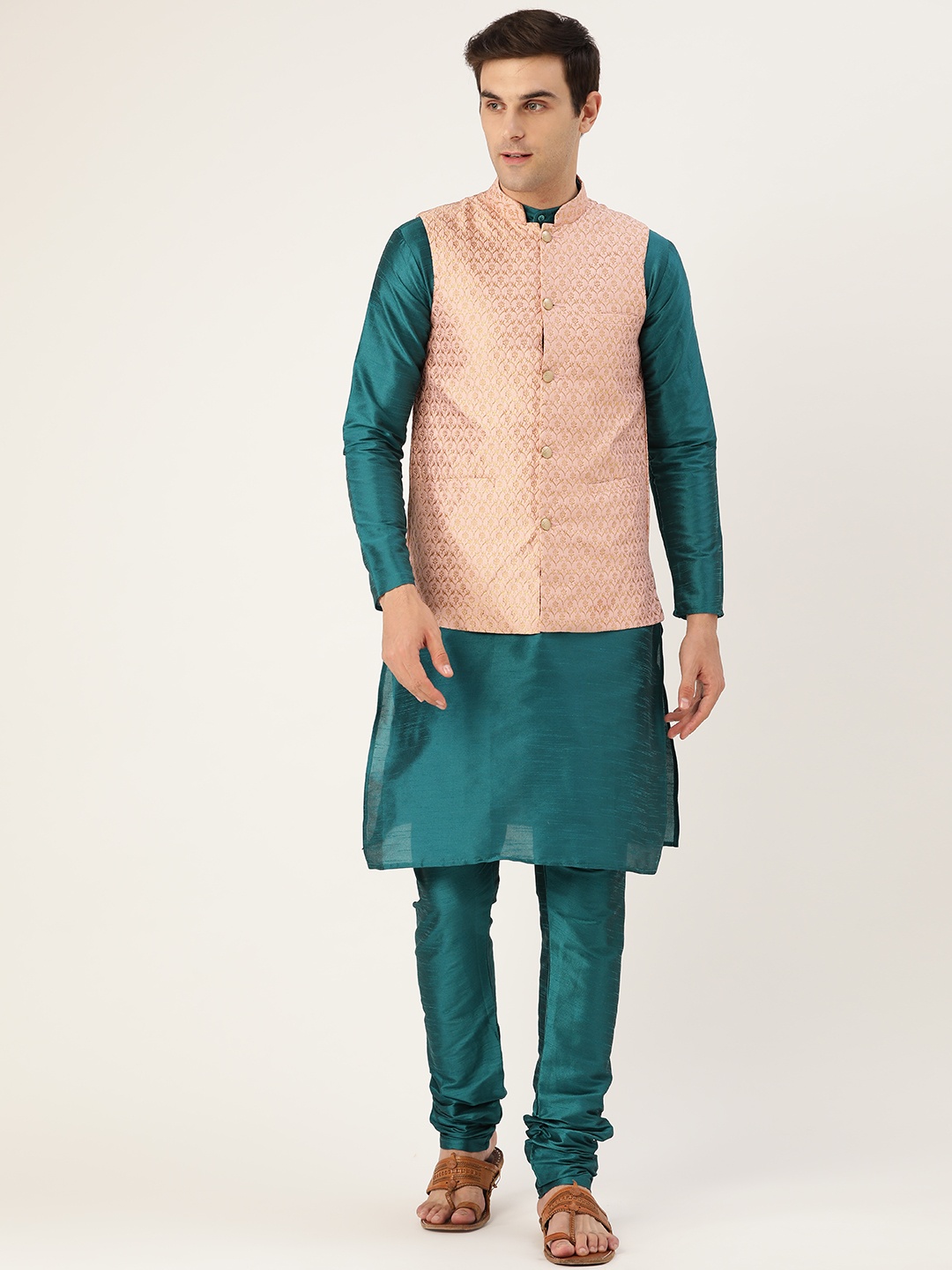 

SOJANYA Men Teal Green & Pink Solid Kurta & Churidar with Woven Design Nehru Jacket